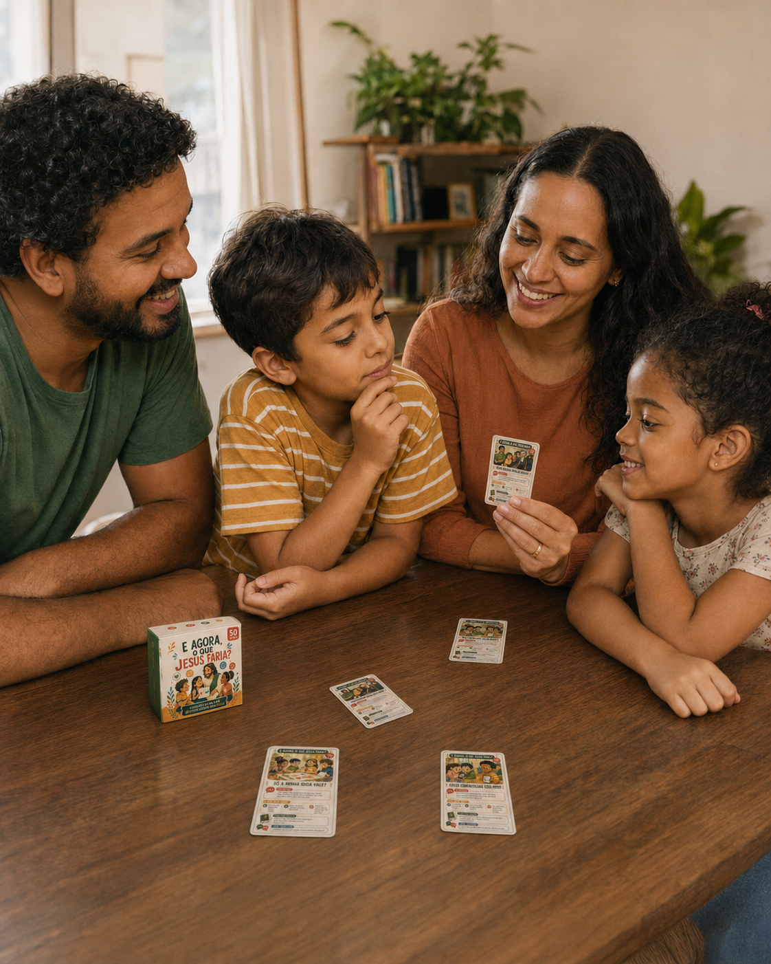 Família reunida à mesa conversando com as cartas do baralho espalhadas