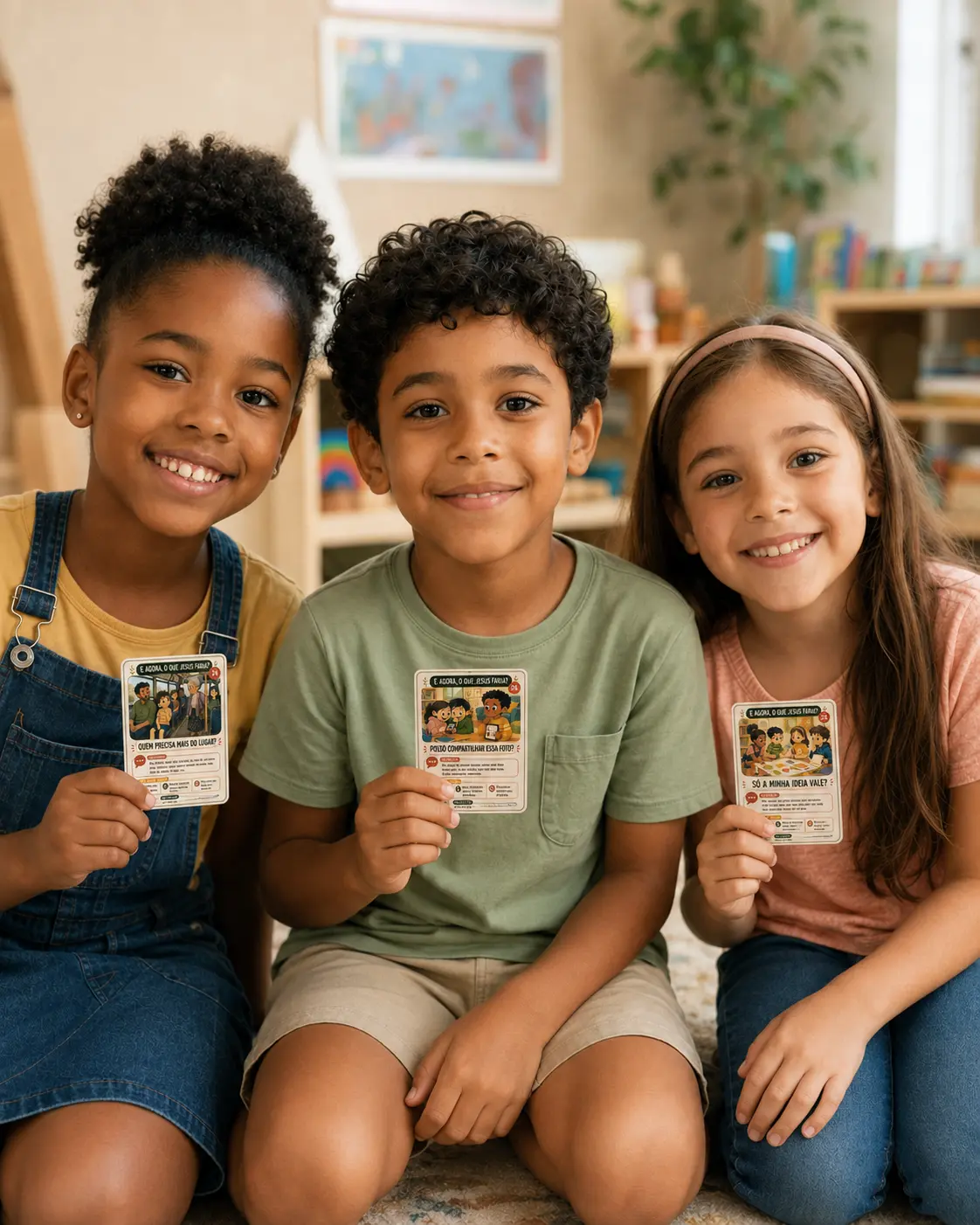 Três crianças segurando cartas do baralho