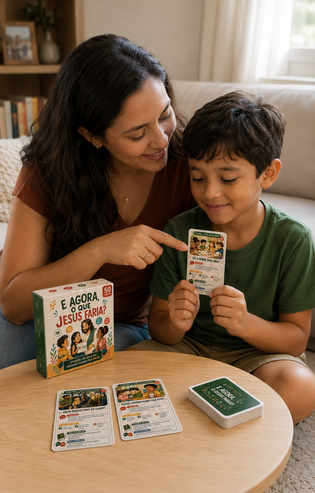 Mãe e filho conversando sobre uma carta do baralho E agora, o que Jesus faria?