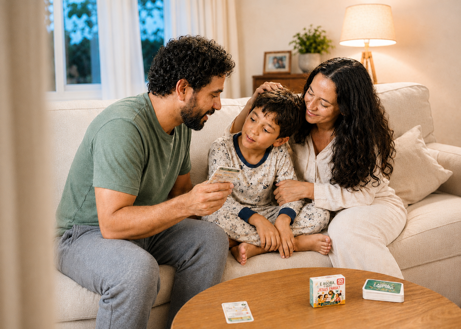 Família reunida no sofá usando as cartas do baralho